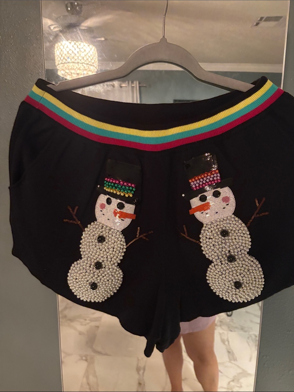 QUEEN OF SPARKLES Black Mini Shorts with Rainbow Waistband & Beaded Snowmen